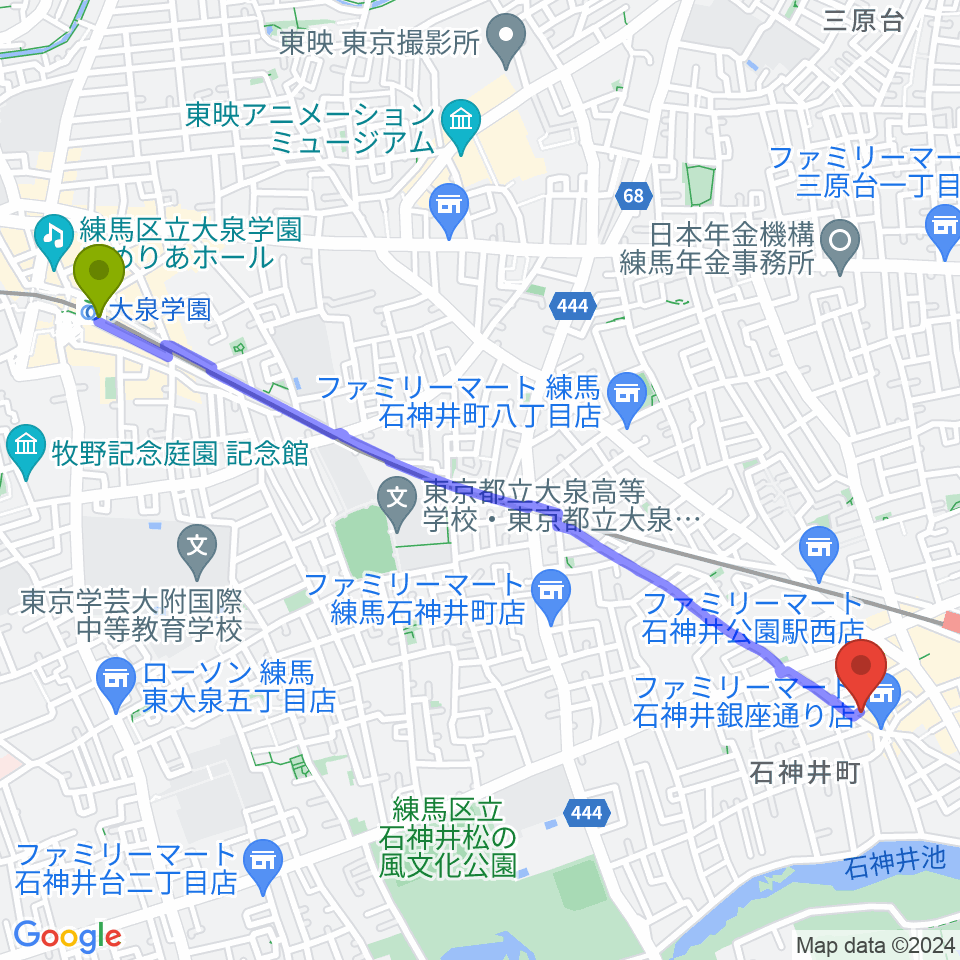 大泉学園駅からドットスポットスタジオへのルートマップ地図