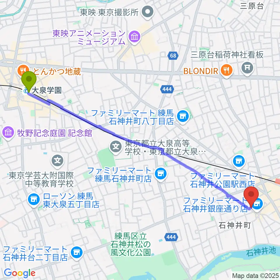 大泉学園駅からドットスポットスタジオへのルートマップ地図