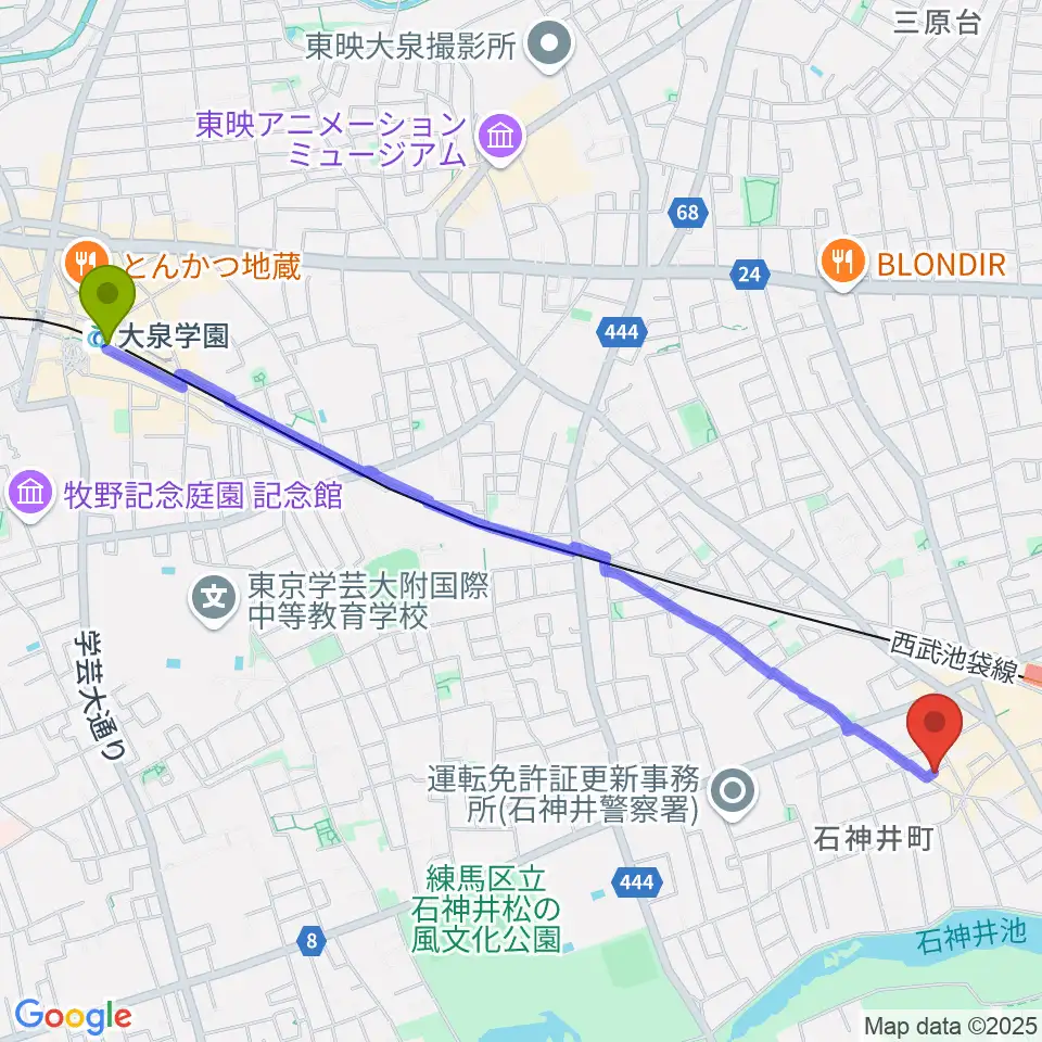 大泉学園駅からドットスポットスタジオへのルートマップ地図