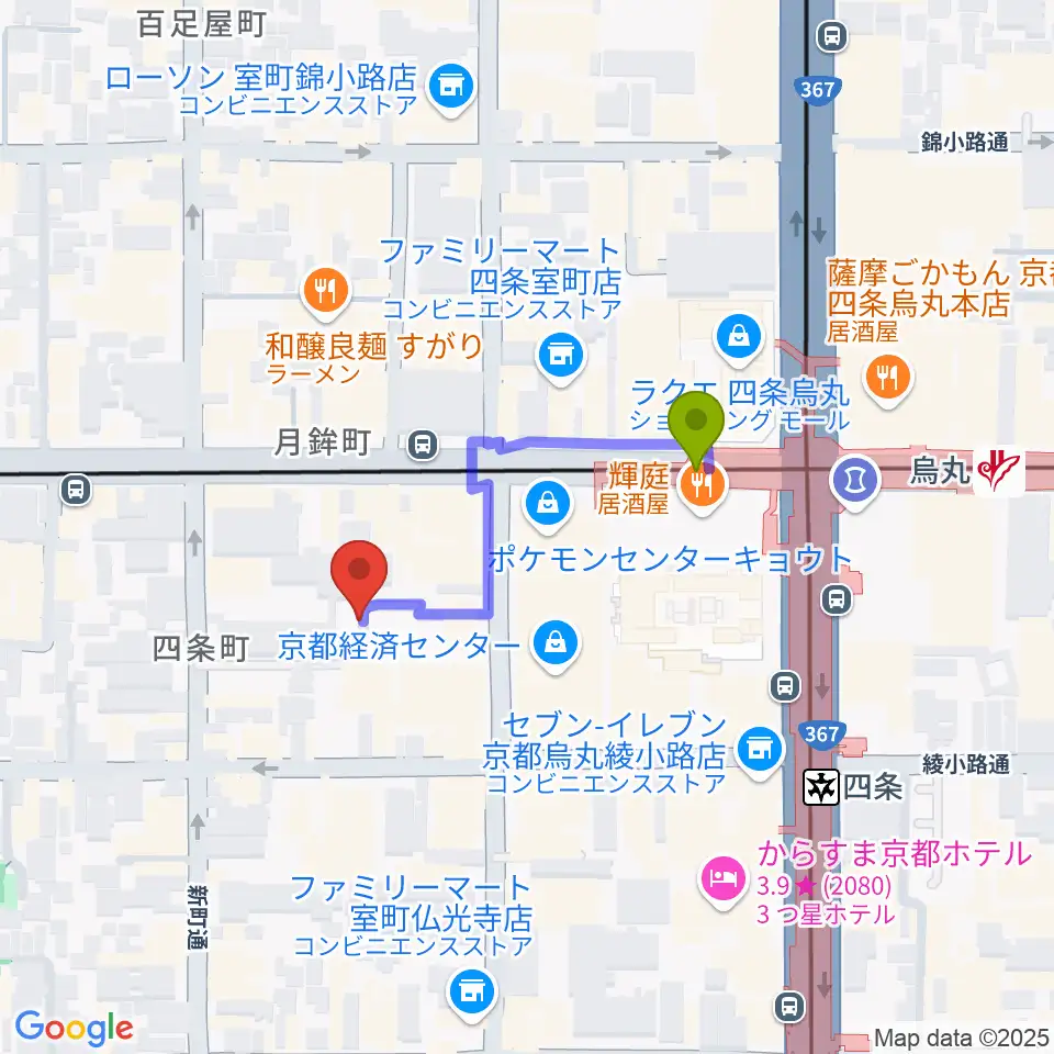 洗心館こころホールの最寄駅烏丸駅からの徒歩ルート（約3分）地図