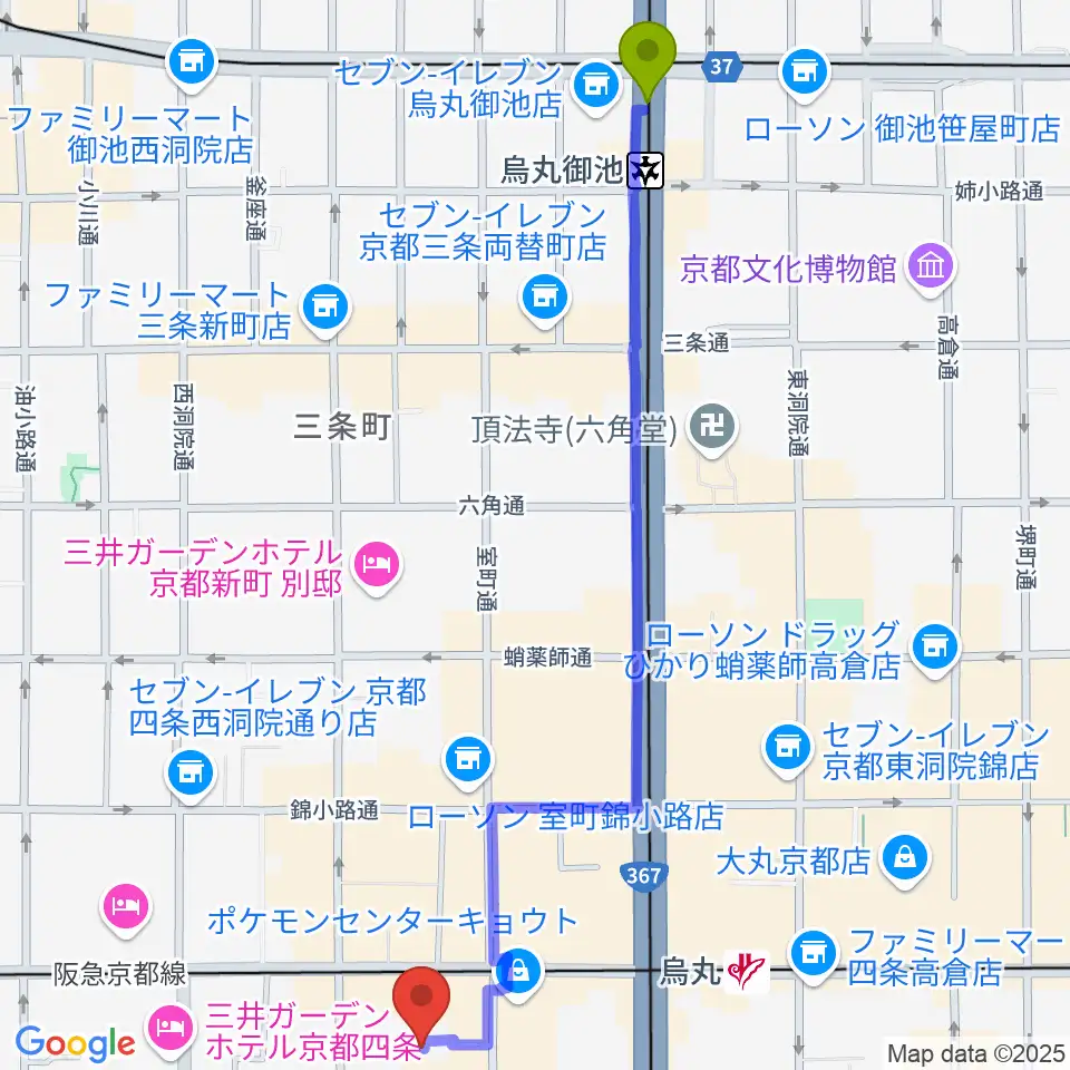 烏丸御池駅から洗心館こころホールへのルートマップ地図