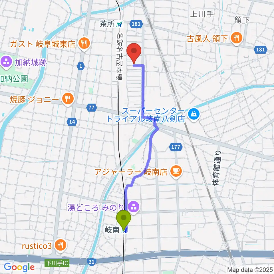 岐南駅から羽田しのぶ音楽教室へのルートマップ地図