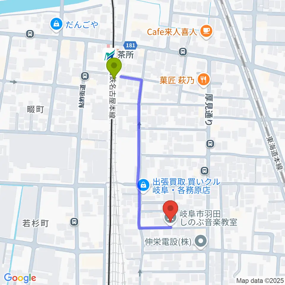 羽田しのぶ音楽教室の最寄駅茶所駅からの徒歩ルート（約4分）地図