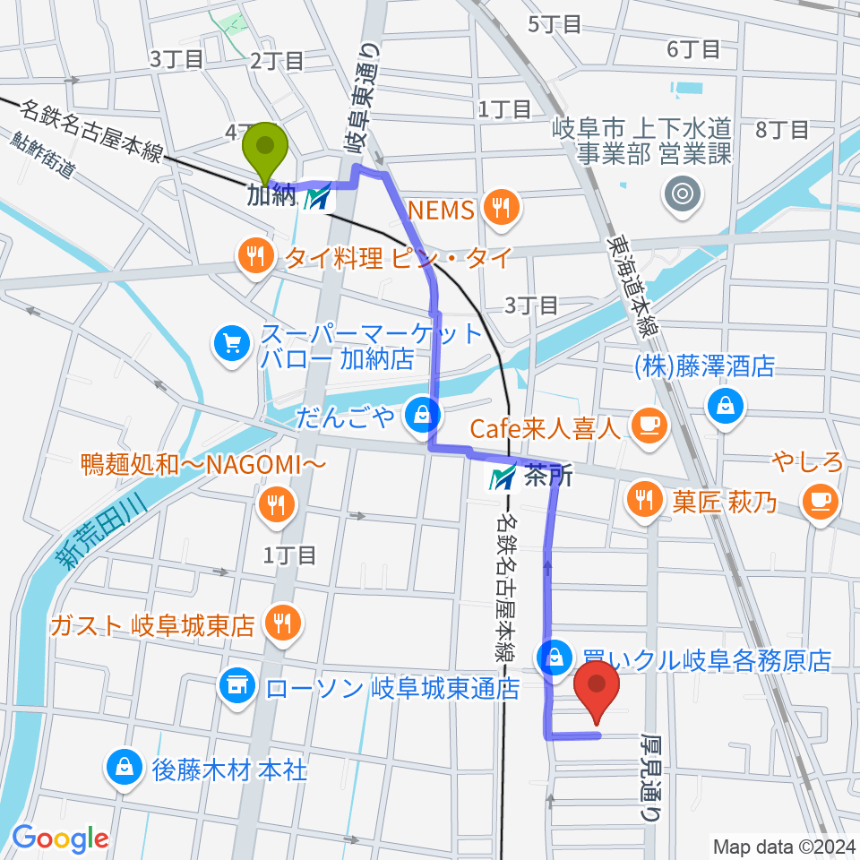 加納駅から羽田しのぶ音楽教室へのルートマップ地図