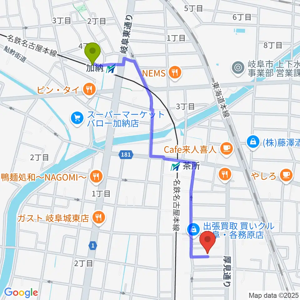 加納駅から羽田しのぶ音楽教室へのルートマップ地図