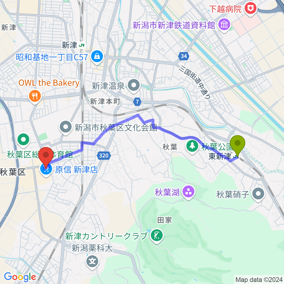 東新津駅から新津総合センター ヤマハミュージックへのルートマップ地図