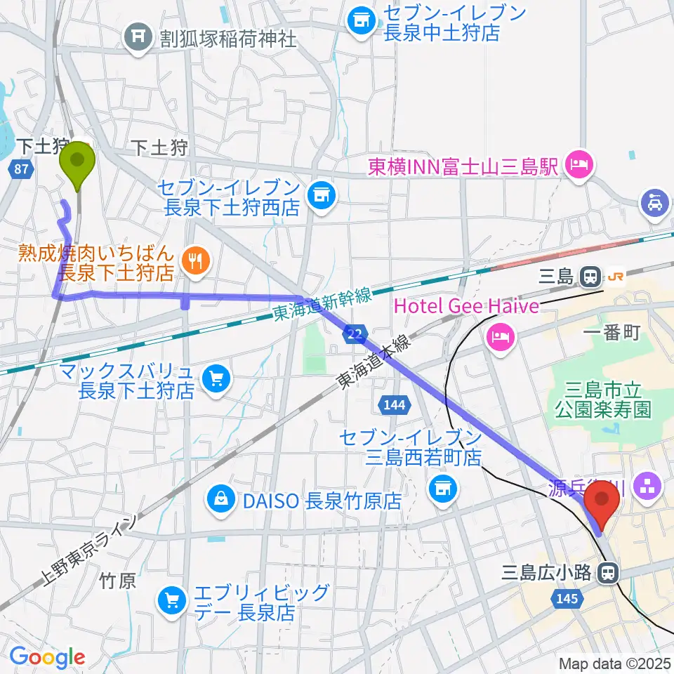 下土狩駅から株式会社オレンジ村へのルートマップ地図