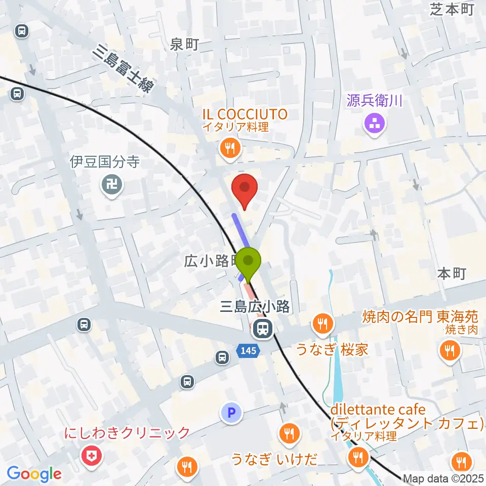 株式会社オレンジ村の最寄駅三島広小路駅からの徒歩ルート（約1分）地図