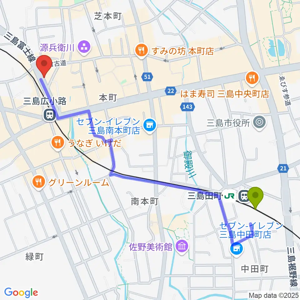三島田町駅から株式会社オレンジ村へのルートマップ地図