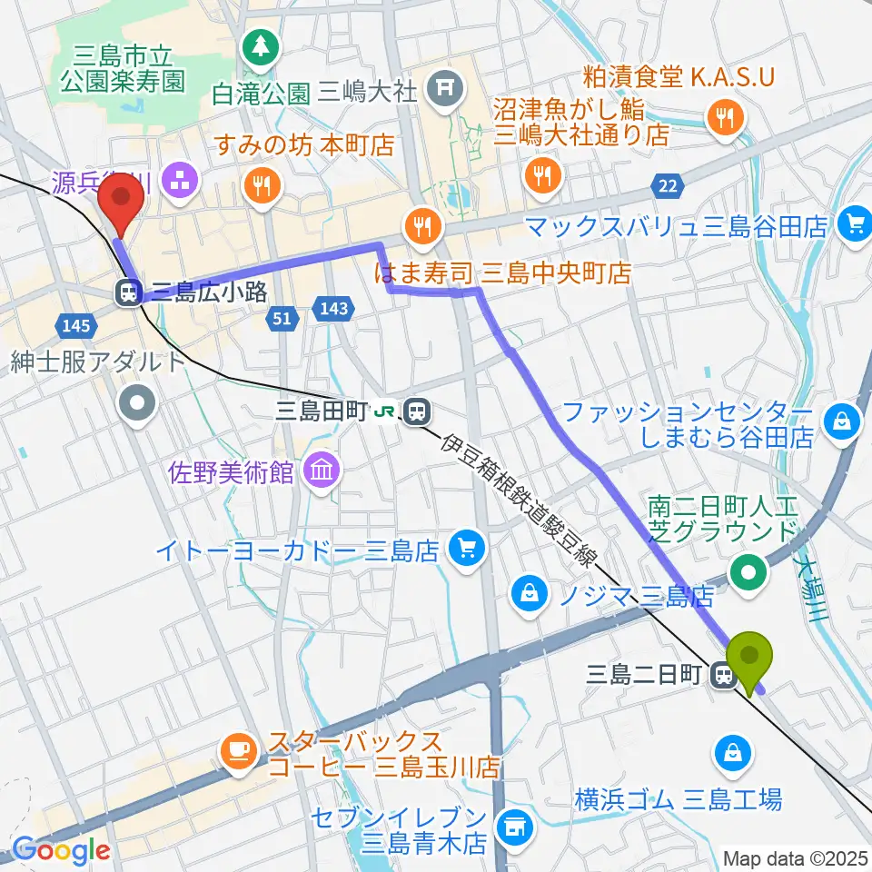 三島二日町駅から株式会社オレンジ村へのルートマップ地図