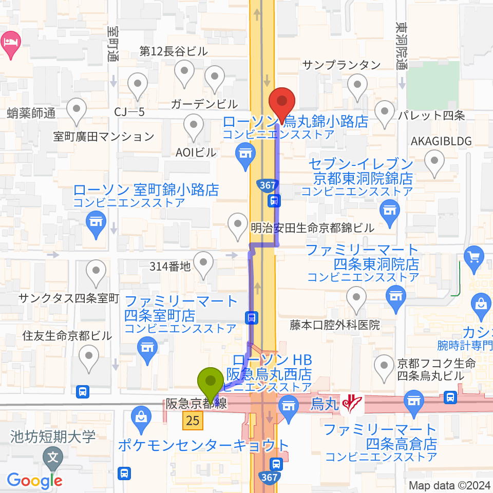 AKKUN’Sの最寄駅烏丸駅からの徒歩ルート（約5分）地図