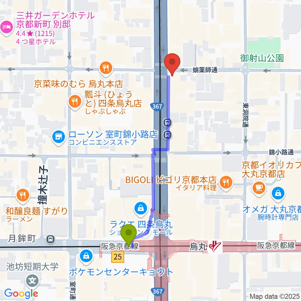 AKKUN’Sの最寄駅烏丸駅からの徒歩ルート（約5分）地図