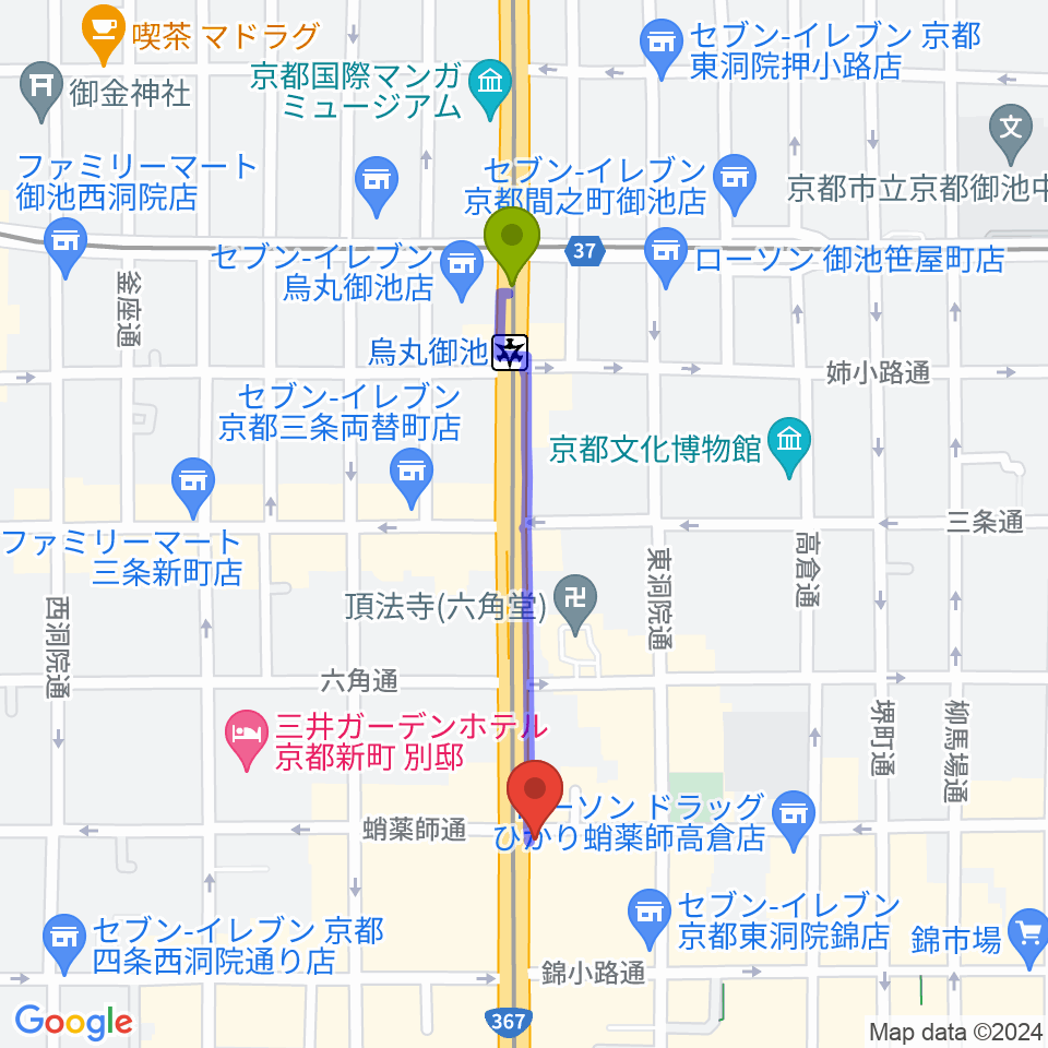 烏丸御池駅からAKKUN’Sへのルートマップ地図