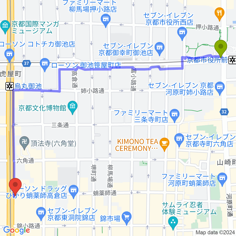 京都市役所前駅からAKKUN’Sへのルートマップ地図