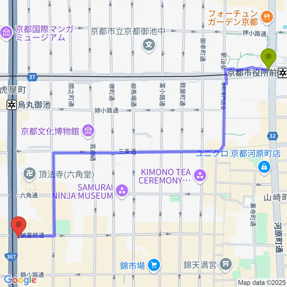 京都市役所前駅からAKKUN’Sへのルートマップ地図