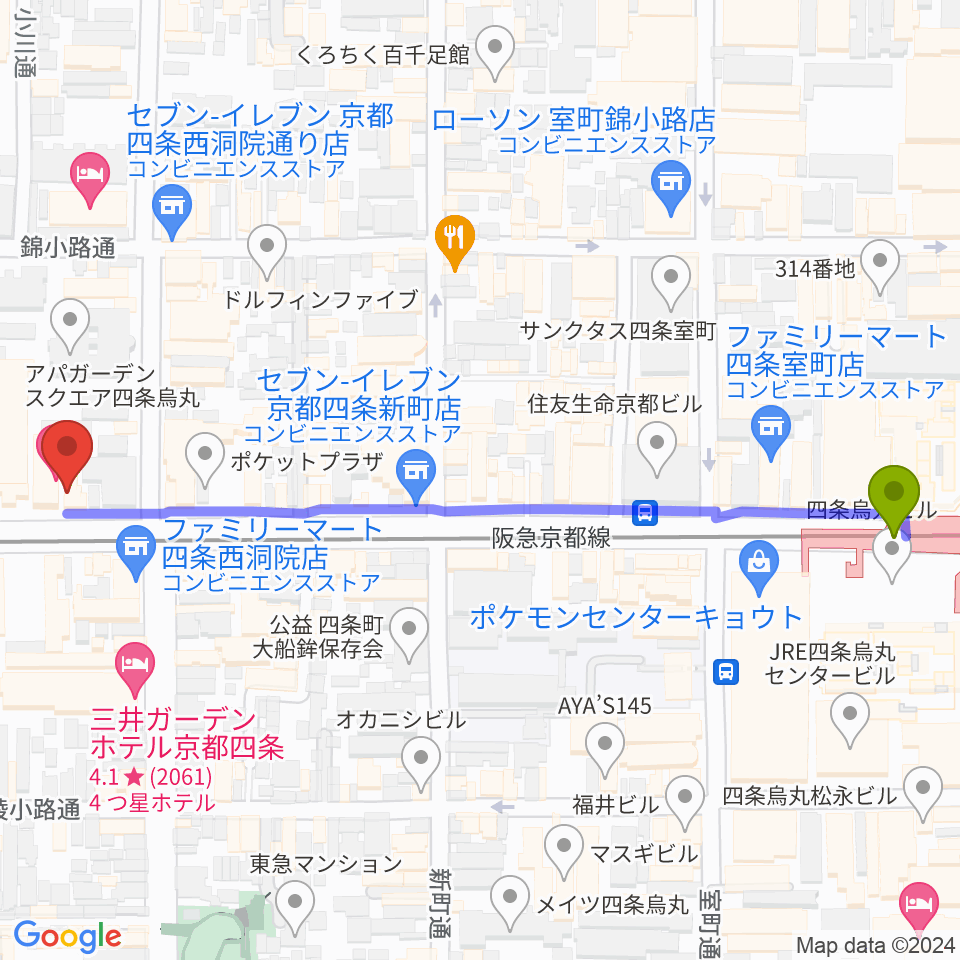 マルコ・ストリングスの最寄駅烏丸駅からの徒歩ルート（約7分）地図