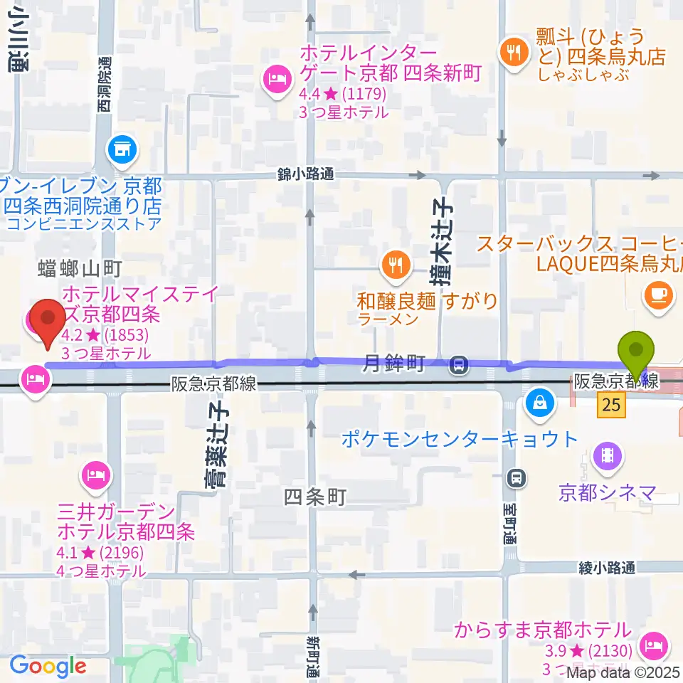 マルコ・ストリングスの最寄駅烏丸駅からの徒歩ルート（約7分）地図
