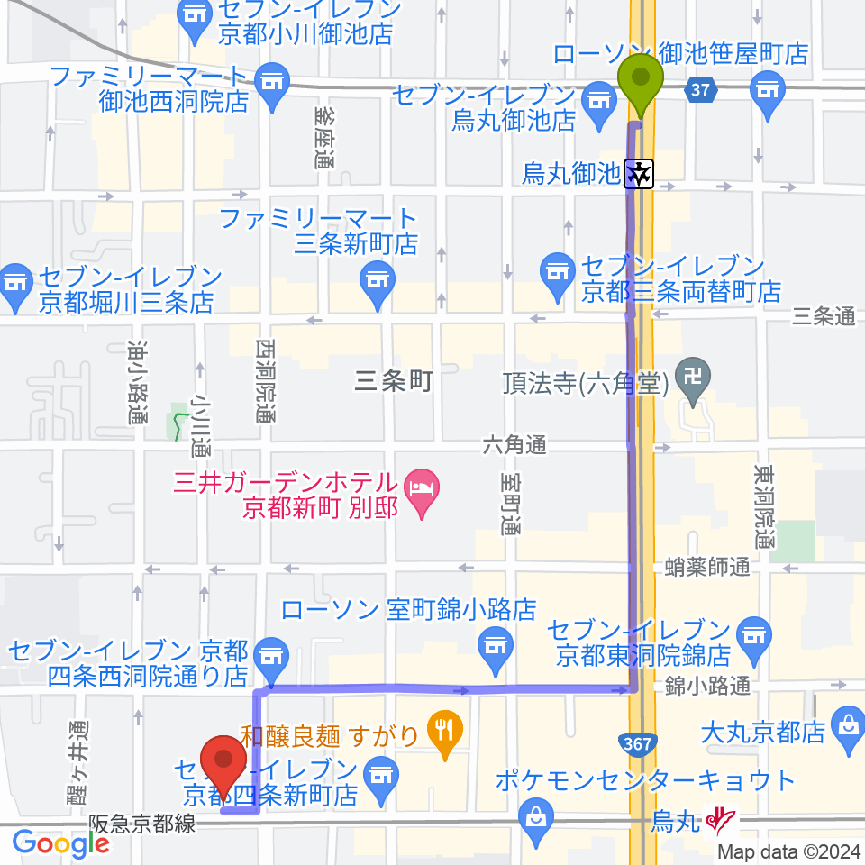 烏丸御池駅からマルコ・ストリングスへのルートマップ地図