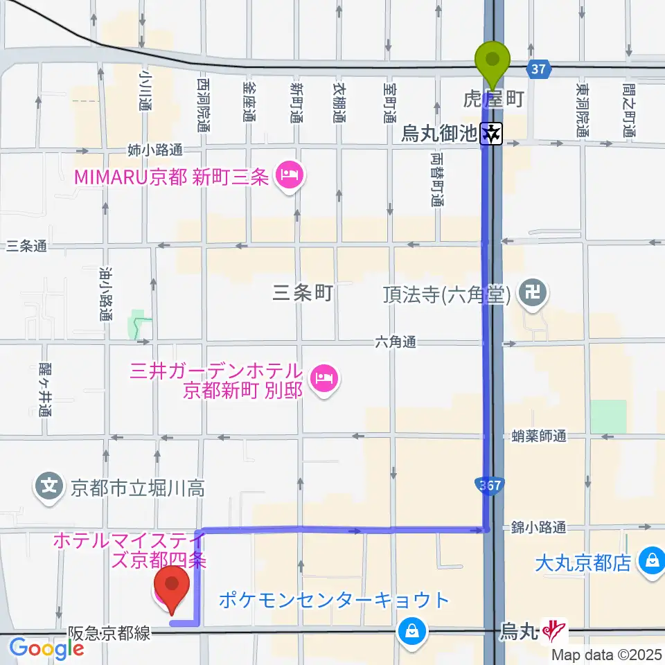 烏丸御池駅からマルコ・ストリングスへのルートマップ地図
