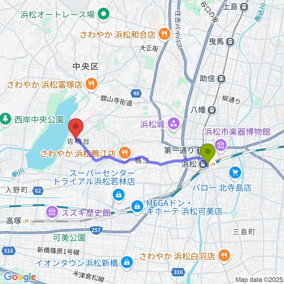 浜松駅から足立楽器店へのルートマップ地図