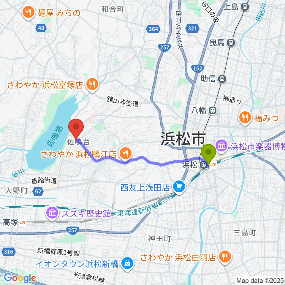 浜松駅から足立楽器店へのルートマップ地図