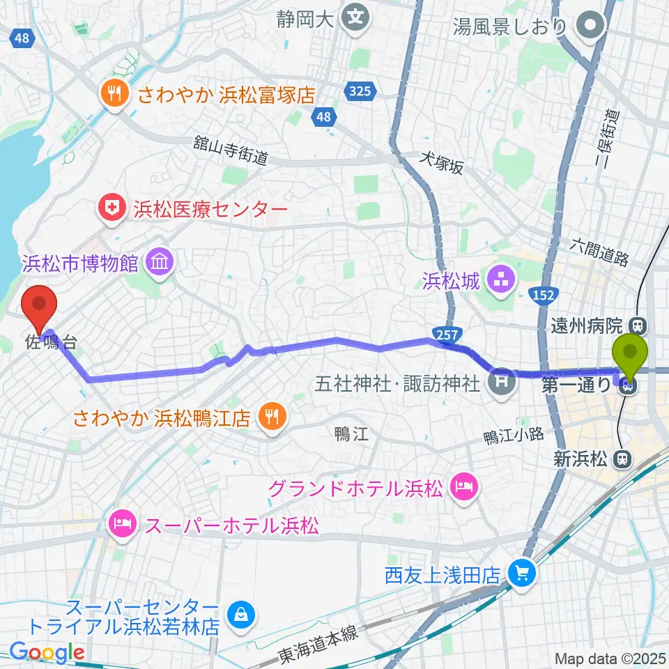 第一通り駅から足立楽器店へのルートマップ地図
