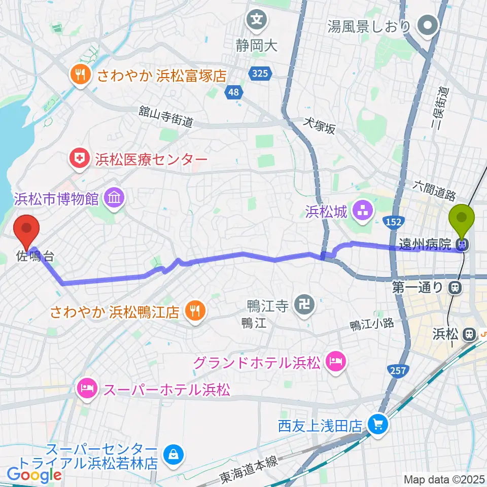 遠州病院駅から足立楽器店へのルートマップ地図