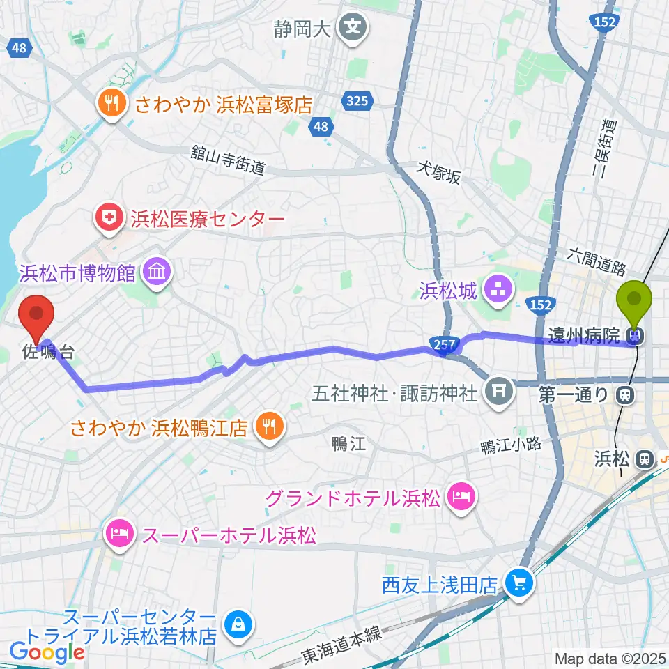 遠州病院駅から足立楽器店へのルートマップ地図