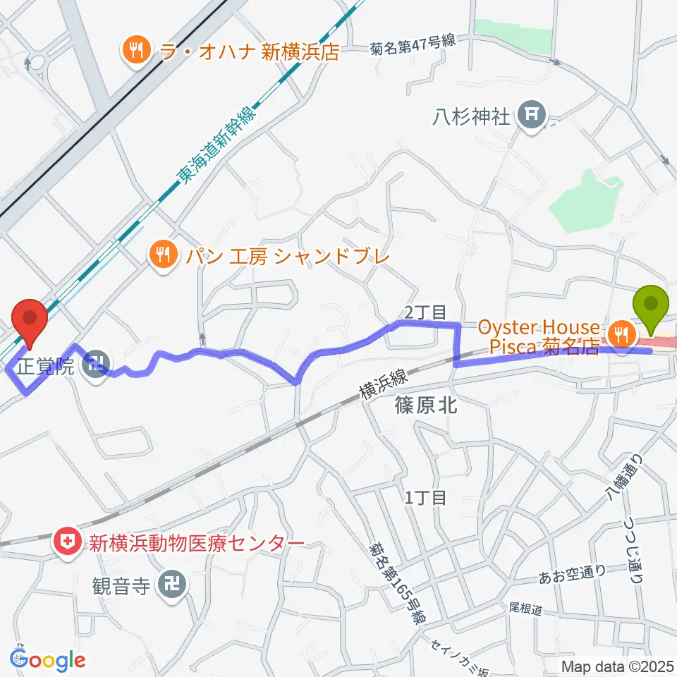 菊名駅からキミノ音楽教室へのルートマップ地図