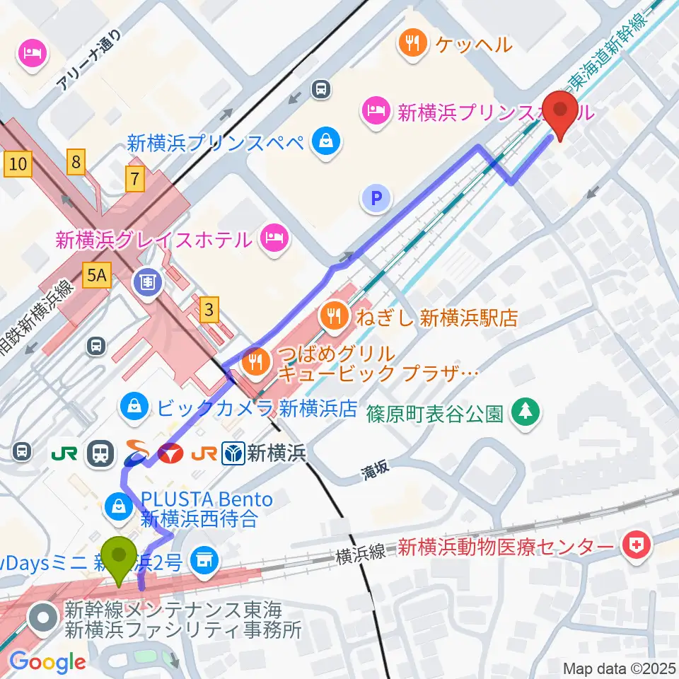 キミノ音楽教室の最寄駅新横浜駅からの徒歩ルート（約7分）地図