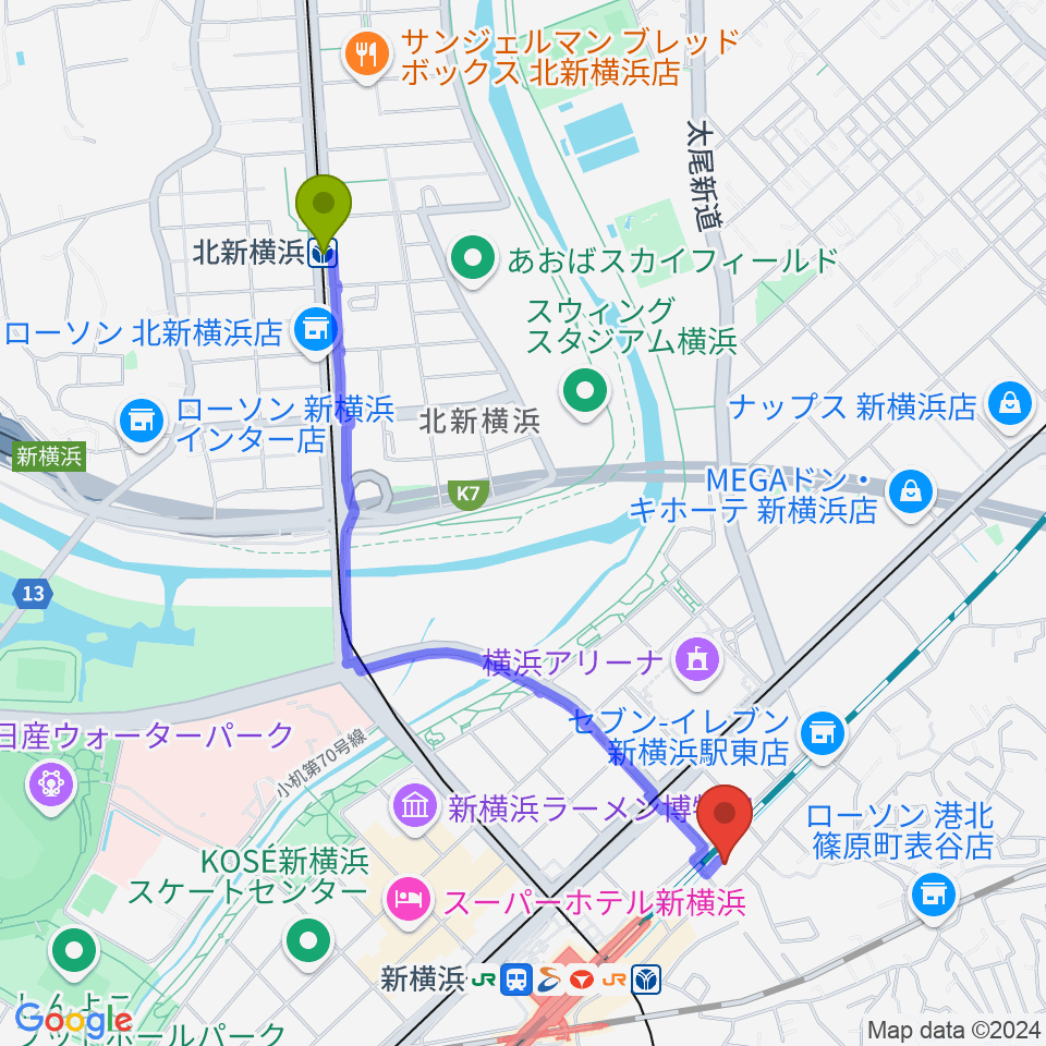 北新横浜駅からキミノ音楽教室へのルートマップ地図