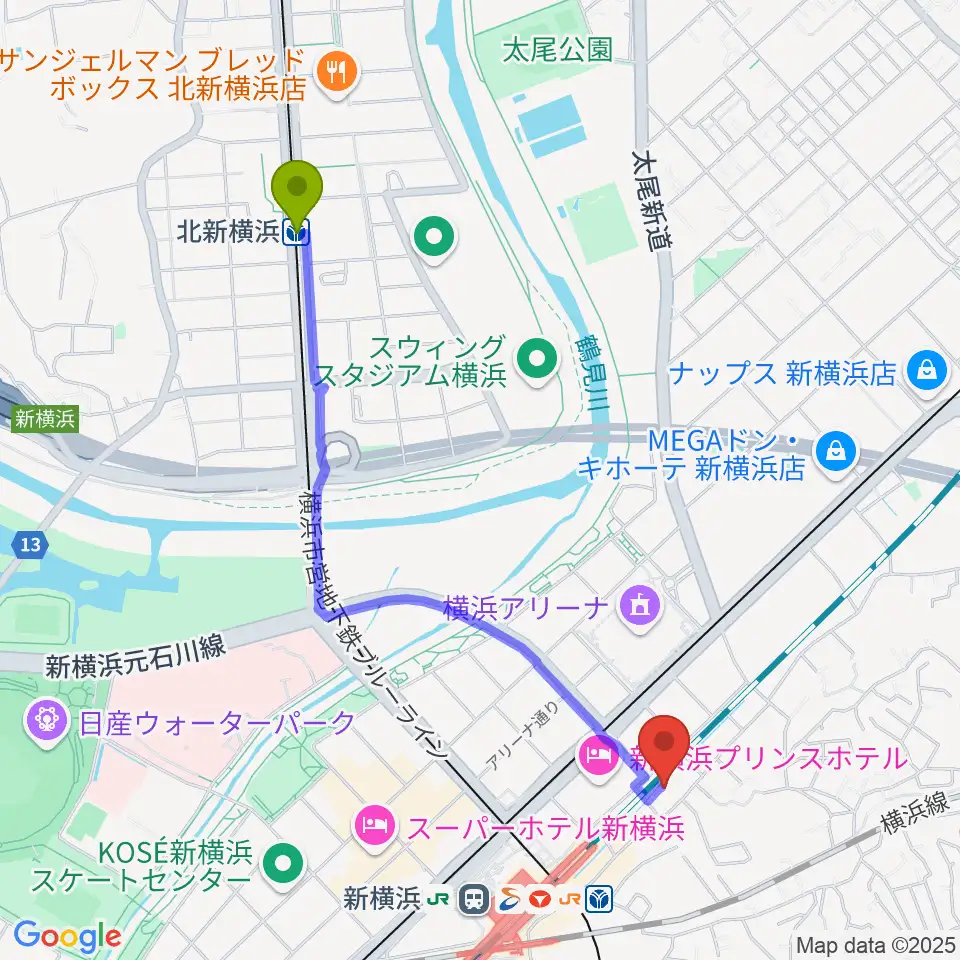 北新横浜駅からキミノ音楽教室へのルートマップ地図