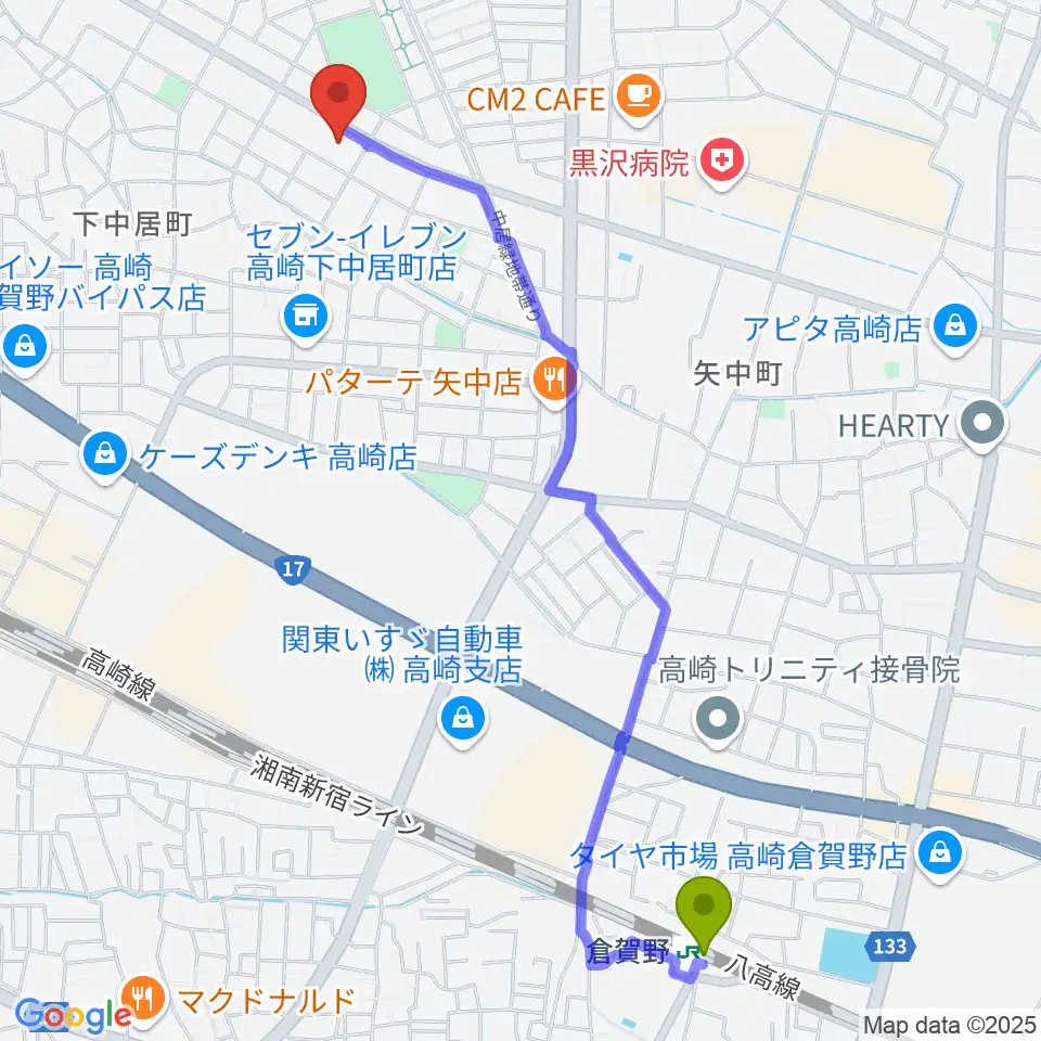 なかい総合センター ヤマハミュージックの最寄駅倉賀野駅からの徒歩ルート（約26分）地図
