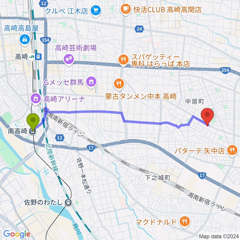 南高崎駅からなかい総合センター ヤマハミュージックへのルートマップ地図