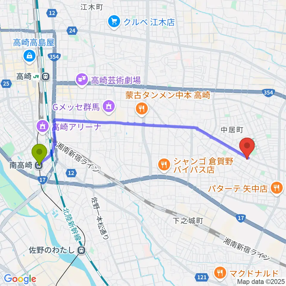 南高崎駅からなかい総合センター ヤマハミュージックへのルートマップ地図