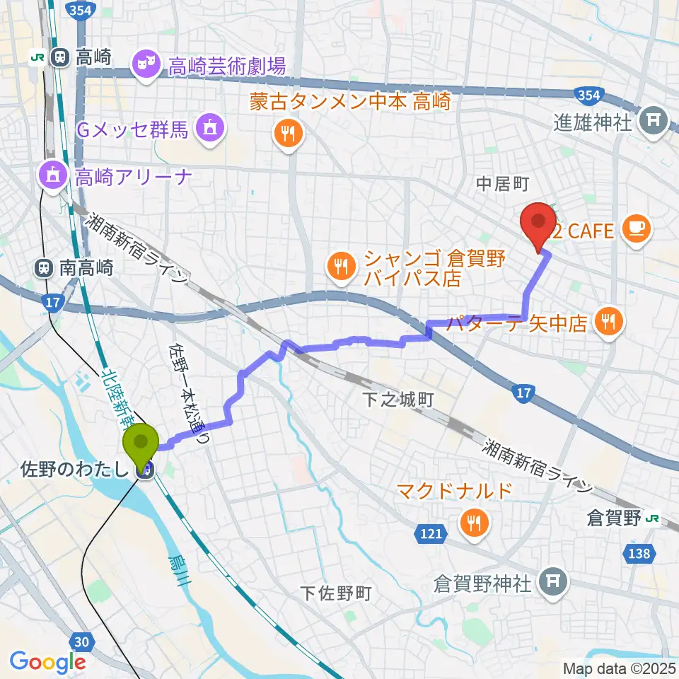佐野のわたし駅からなかい総合センター ヤマハミュージックへのルートマップ地図
