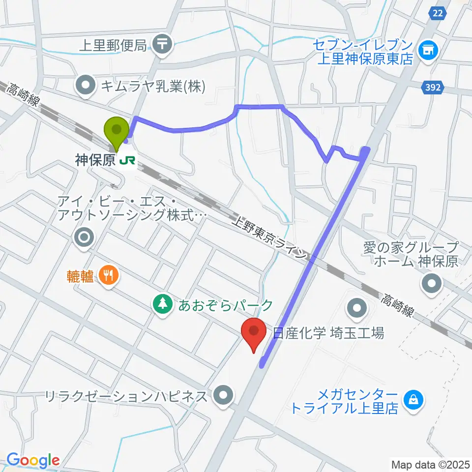 本庄かみさと総合センター ヤマハミュージックの最寄駅神保原駅からの徒歩ルート（約8分）地図