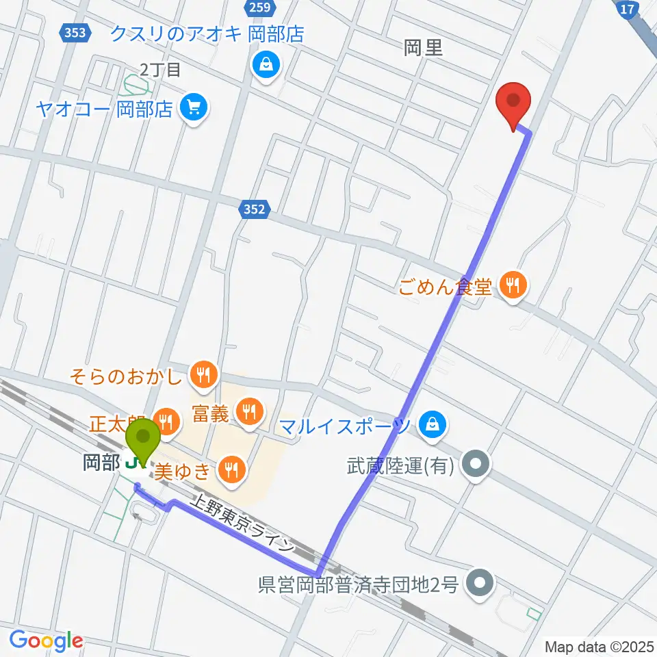 深谷みらい総合センター ヤマハミュージックの最寄駅岡部駅からの徒歩ルート（約12分）地図