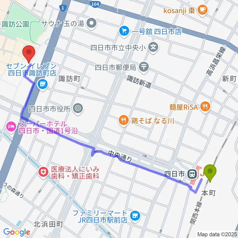 四日市駅からコスモ楽器へのルートマップ地図