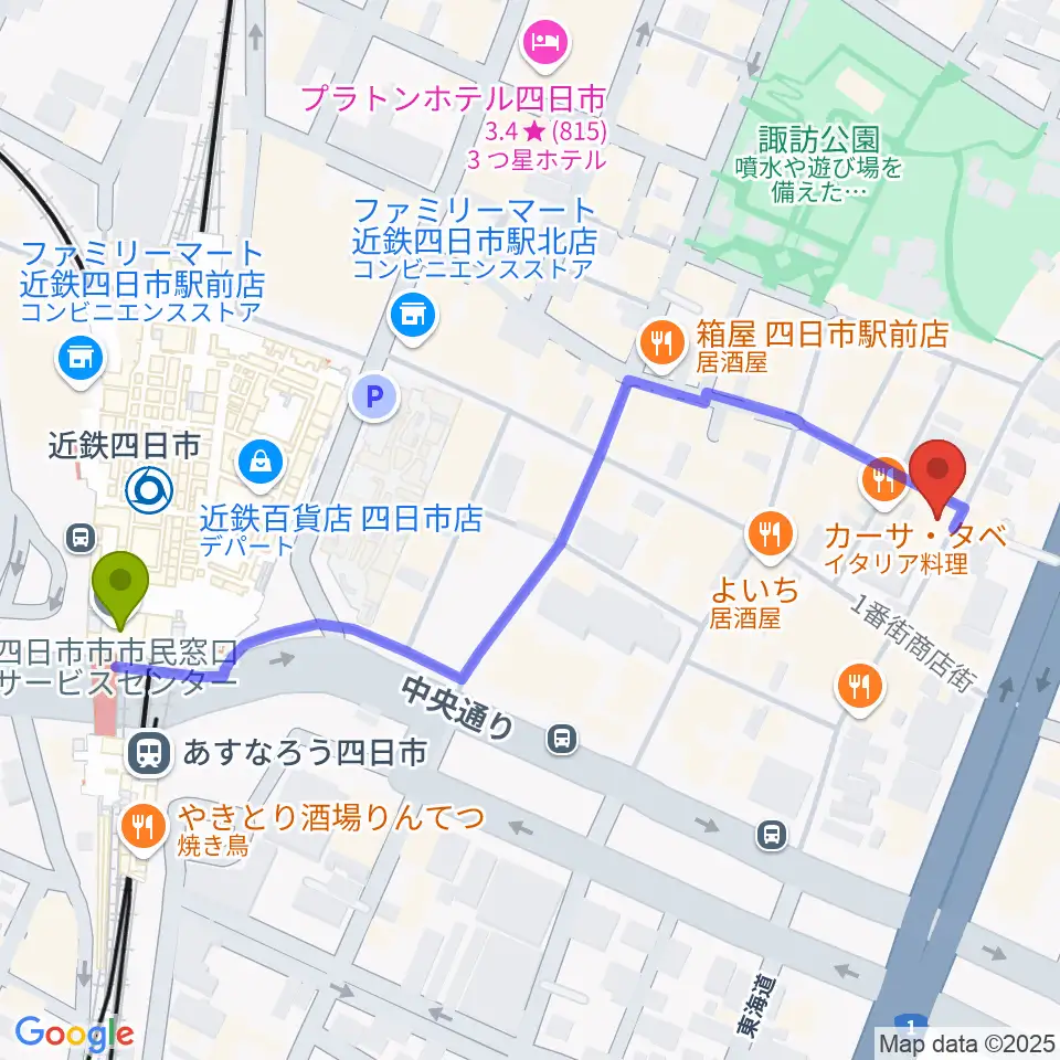 コスモ楽器の最寄駅近鉄四日市駅からの徒歩ルート（約6分）地図