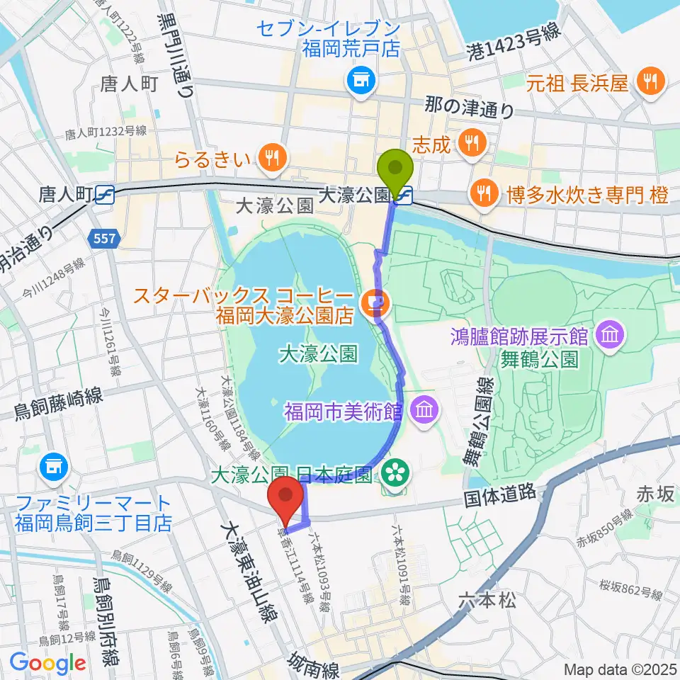 大濠公園駅からアルト・クレフ大濠へのルートマップ地図