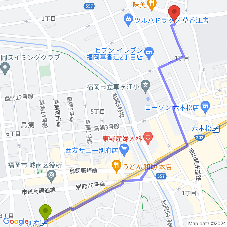 別府駅からアルト・クレフ大濠へのルートマップ地図