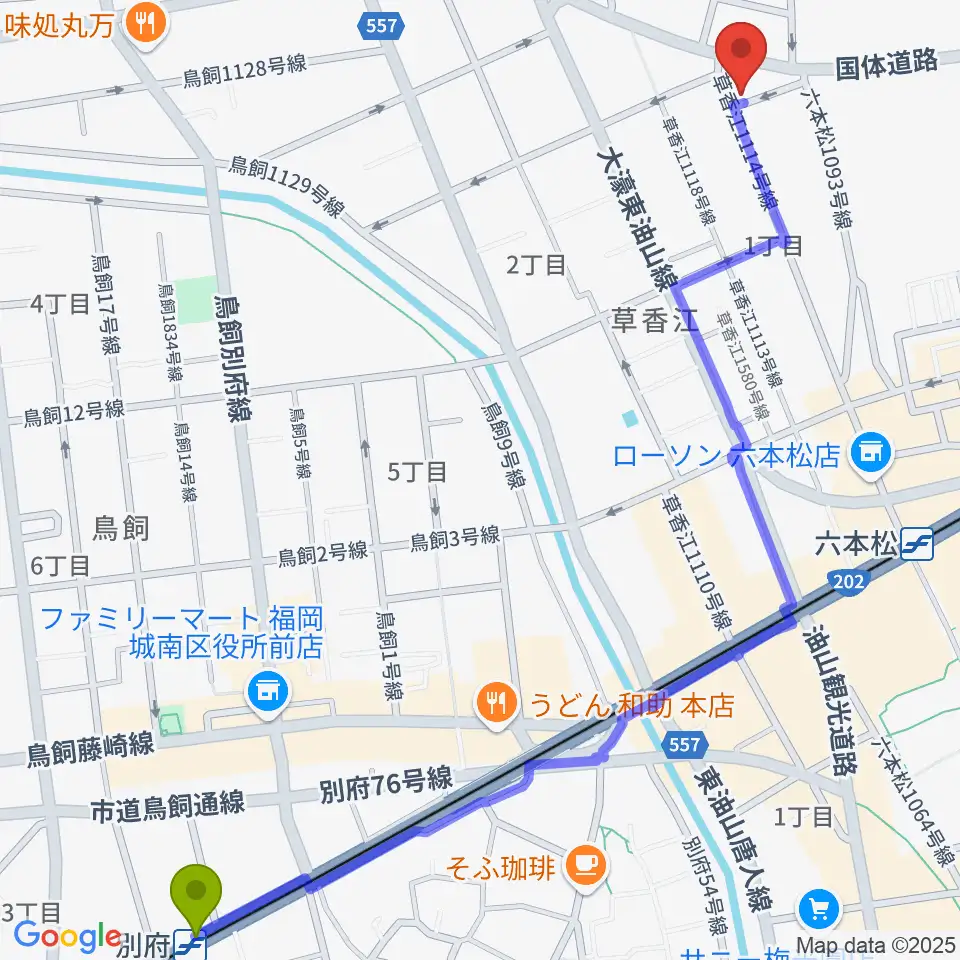 別府駅からアルト・クレフ大濠へのルートマップ地図