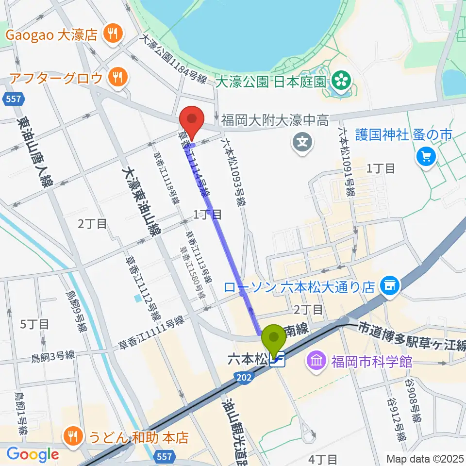アルト・クレフ大濠の最寄駅六本松駅からの徒歩ルート（約8分）地図