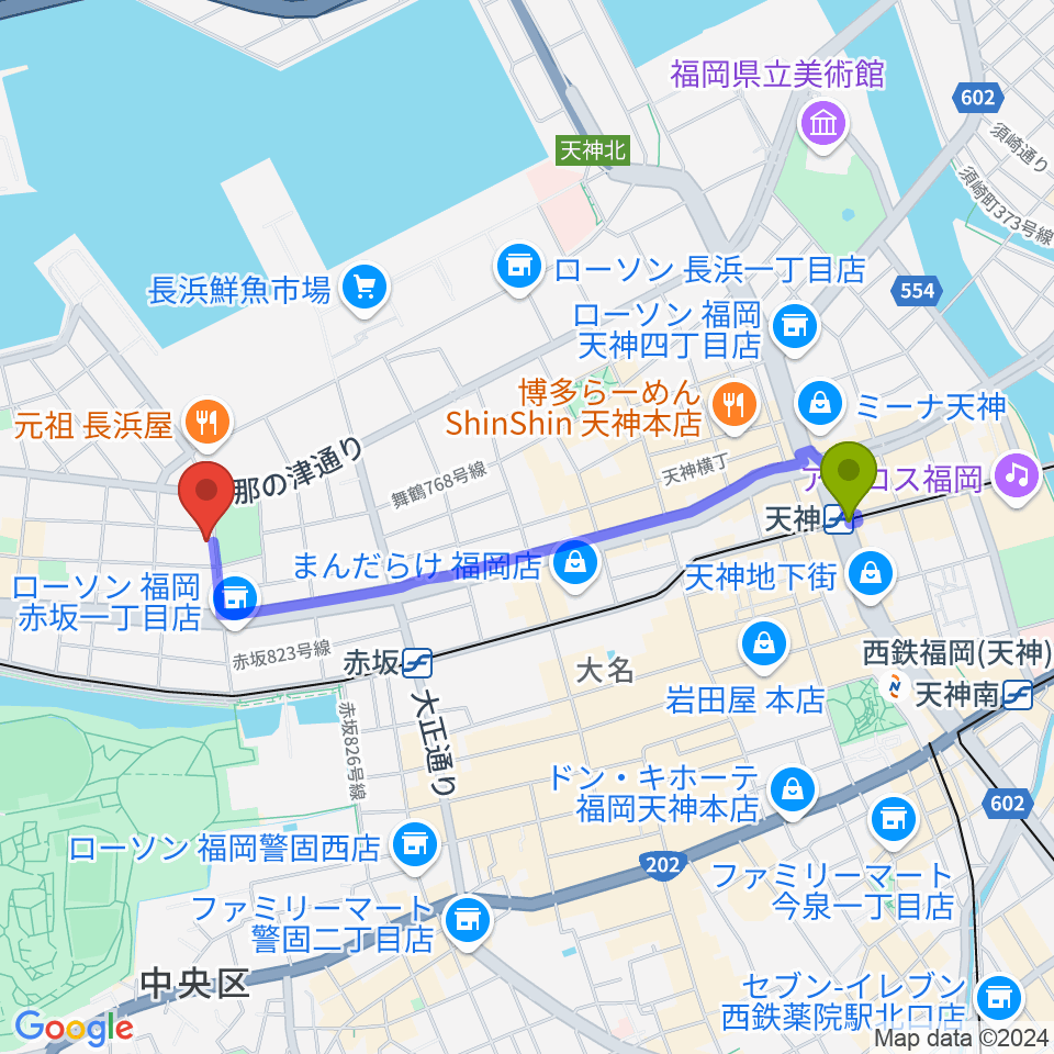 天神駅から音楽塾ヴォイス福岡本校へのルートマップ地図