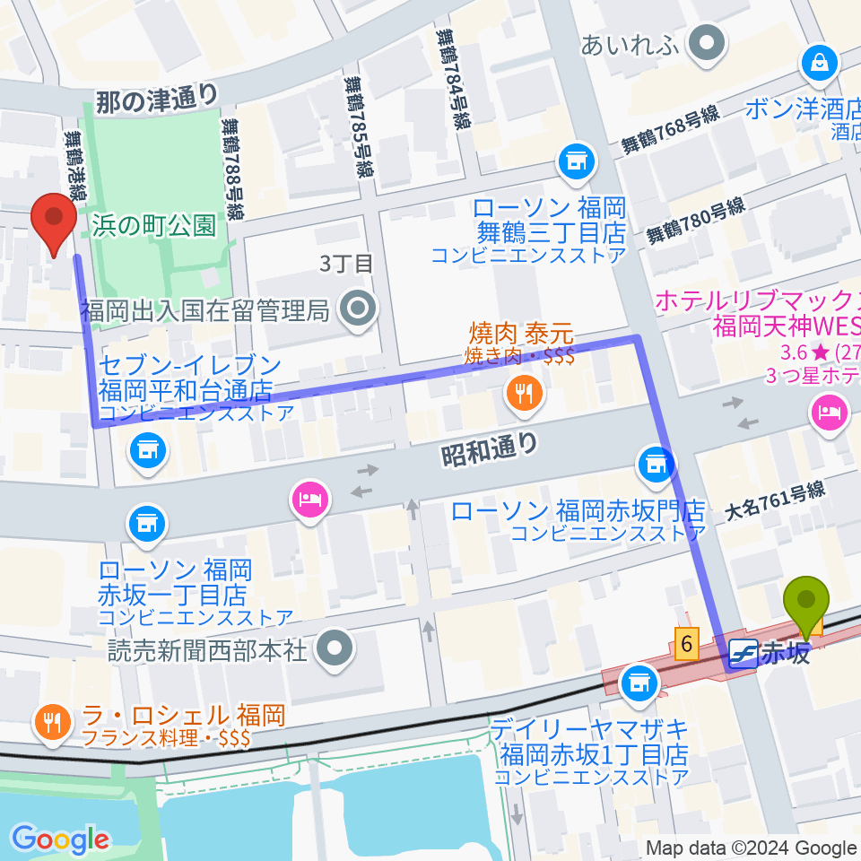 音楽塾ヴォイス福岡本校の最寄駅赤坂駅からの徒歩ルート（約8分）地図
