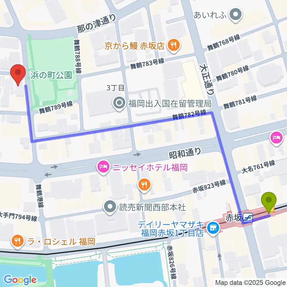 音楽塾ヴォイス福岡本校の最寄駅赤坂駅からの徒歩ルート（約8分）地図