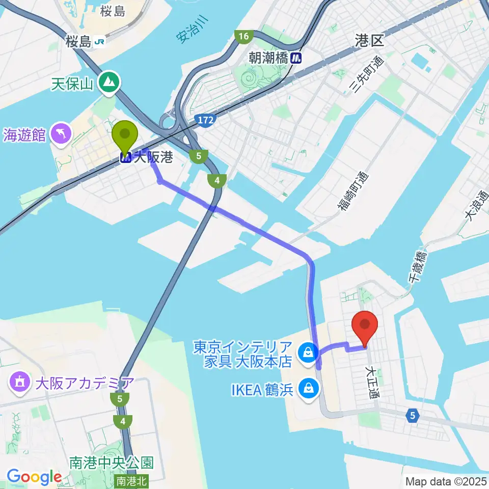 大阪港駅から西部ピアノ大阪へのルートマップ地図