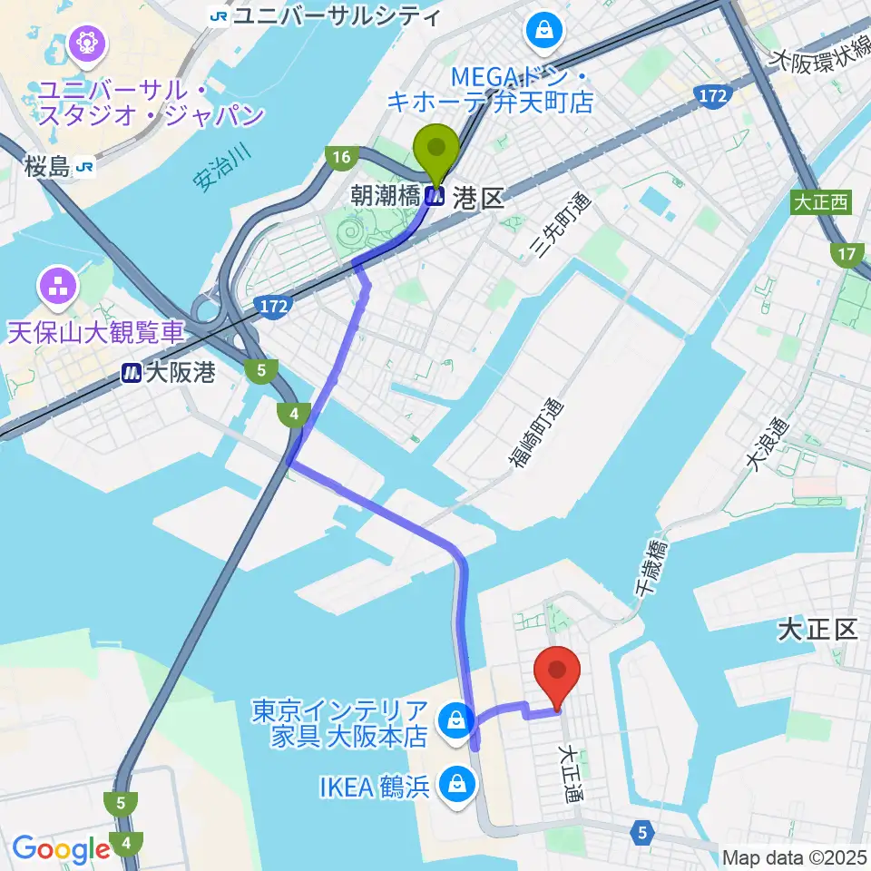 西部ピアノ大阪の最寄駅朝潮橋駅からの徒歩ルート（約39分）地図