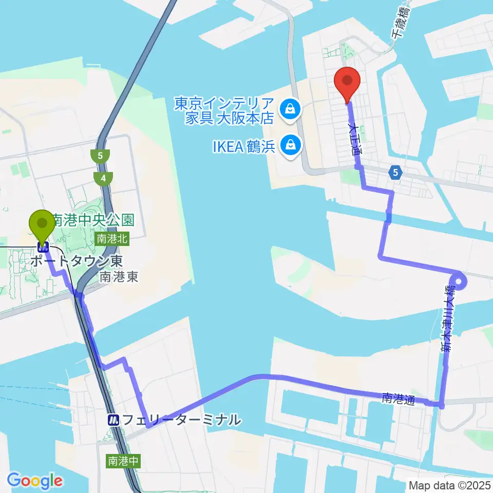 ポートタウン東駅から西部ピアノ大阪へのルートマップ地図